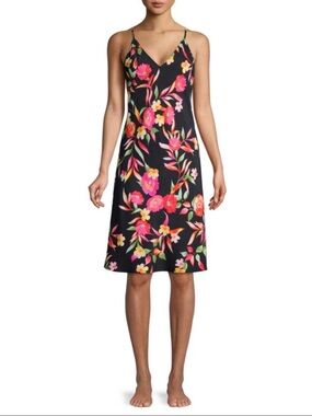 Natori Seville Black Floral Slip Dress in Black Pink & Yellow Size Medium